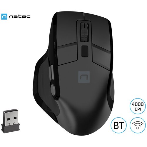 Natec Vertikalna brezžična mi&amp;scaron;ka JAGUAR PRO, ergonomska, BT / USB 2.4GHz, 4000DPI, 9 gumbov, tiha stikala, polnilna baterija, senzor Blue Sense, črna, (5000517146) Slike