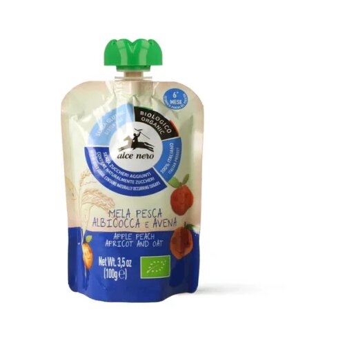 Oznake: Alce Nero Spazio Natura Alce Nero orgaski pire od jabuke, breskve, kajsije i zobi 100 g Slike