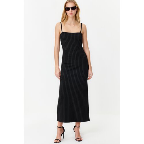 Trendyol Black Striped Strap Bodycone/Crap Knitted Midi Dress Slike