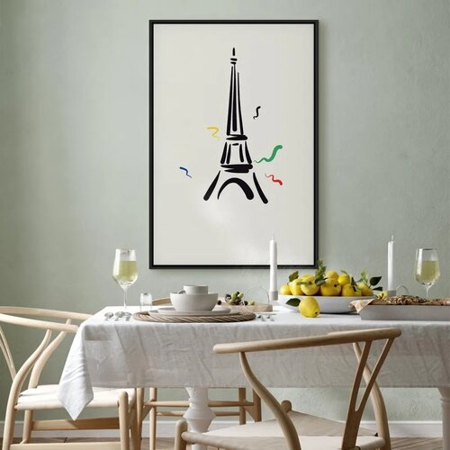  Slika - Black Graphic Drawing of the Eiffel Tower on a Cream Background 40x60 U crnom drvenom okviru Slike