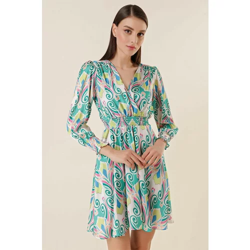 By Saygı Double-breasted Collar Lined Mixed Patterned Satin Dress Green