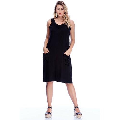Şans Women's Plus Size Black Viscose Pocket Casual Cut Dress Slike