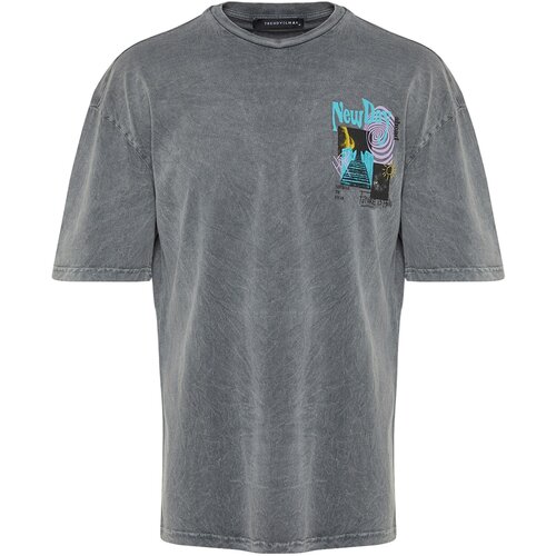 Trendyol Anthracite Men's Relaxed Fit Cycling Collar Short Sleeve Acid Wash Printed T-Shirt Cijene