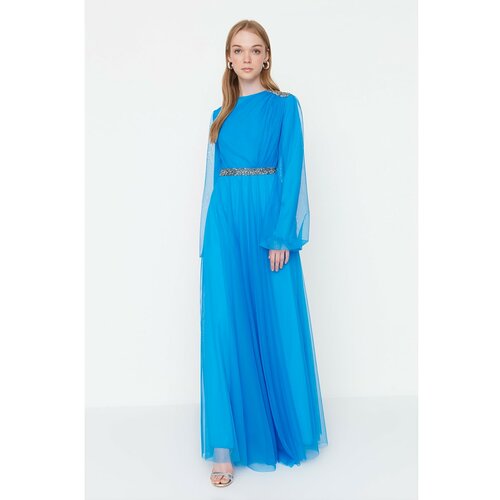 Trendyol Blue Shoulder and Waist Stone Detailed Islamic Clothing Evening Dress Slike