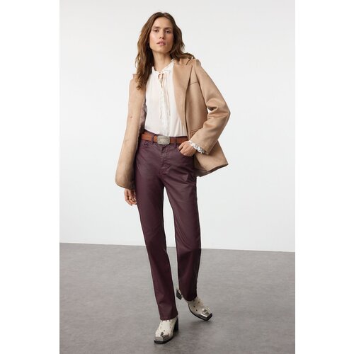 Trendyol Burgundy Coated High Waist Straight Jeans Slike