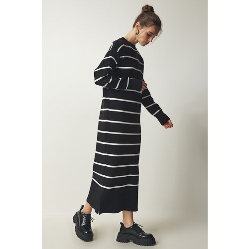Happiness İstanbul Women's Black Striped Wrap Knitwear Dress Slike