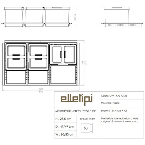 Elletipi Siva plastična kanta za smeće 3x12 l za odvojeni otpad/ugradbena Metropolis Flip-up &amp;ndash; Slike