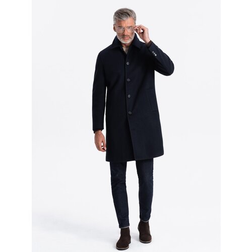 Ombre men's long single-breasted coat with collar and undercoat - navy blue Slike