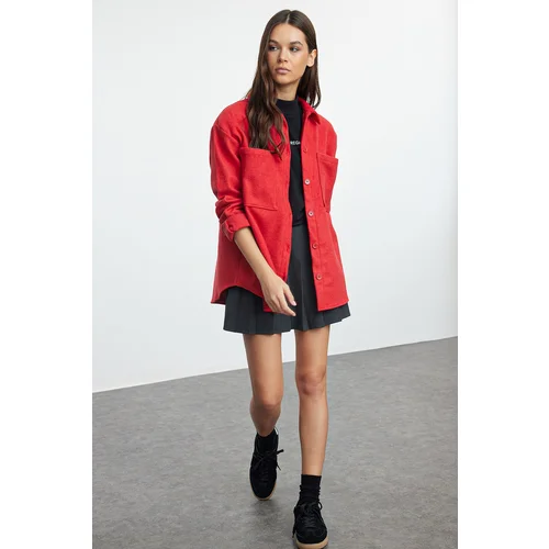 Trendyol Red Double Pocket Oversize/Wide Pattern Cashmere Woven Shirt