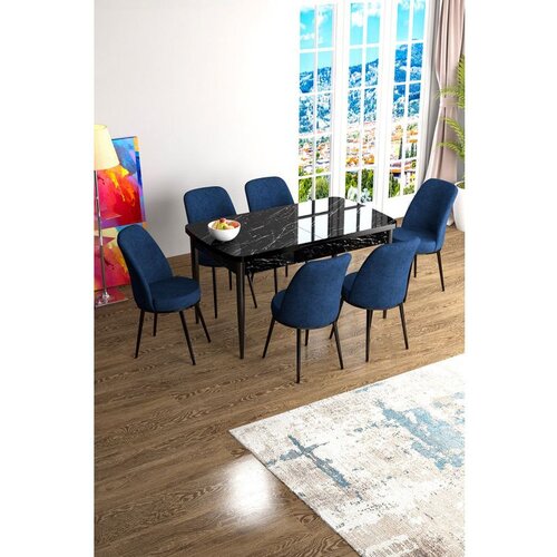 Hanah home Han - Black Marble, Navy Blue Black MarbleNavy Blue Extendable Dining Table & Chairs Set (7 Pieces) Cene