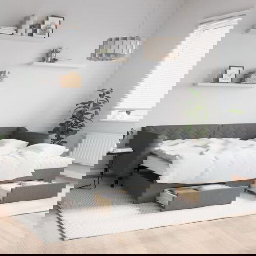 VidaXL Izvlečna dnevna postelja s predali temno siva 100x200 cm blago Slike
