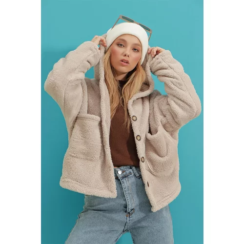 Trend Alaçatı Stili Women's Beige Hooded Double Pocket Plush Coat