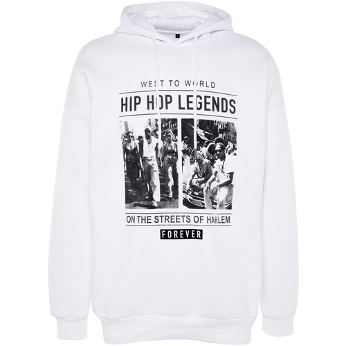 Trendyol White Men's Oversize/Wide-Fit Hooded Rap Music Printed Fleece Cotton Sweatshirt. Cene