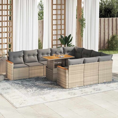 VidaXL 11-dijelni set vrtnih sofa od poliratana s jastucima bež bagrem Slike