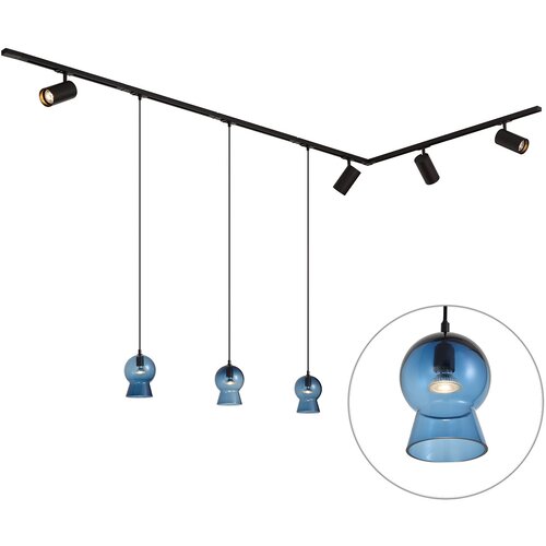 QAZQA Modern Black Track System with 4 Spotlights and 3 Blue Pendant Lights 1-Phase - Iconic Bell Jeana Luxe Slike