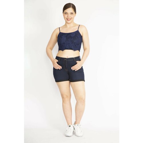 Şans Women's Navy Blue Plus Size Double Leg Lycra Skinny Denim Shorts Slike