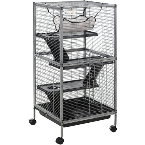 PawHut Jeklena kletka za glodavce, hrčke in činčile s tremi nadstropji, 4 kolesi, visečo mrežo in odstranljivim pladnjem 52 x 52 x 113,5 cm, (20744649) Cene