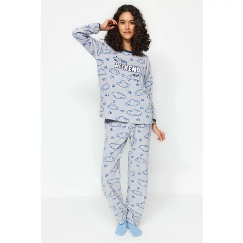 Trendyol Gray Fleece Cloud and Heart Patterned Tshirt-Pants Knitted Pajamas Set