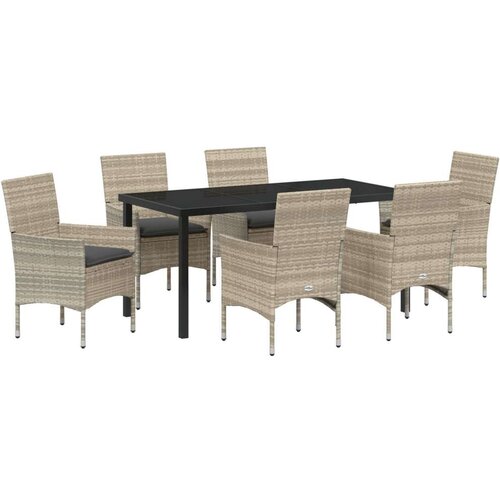  Set blagovanja od 7 dijelova s jastučićima svijetlosivog poli ratana Vrtni stol crni 160x80x73 cm s kaljenim staklom Slike