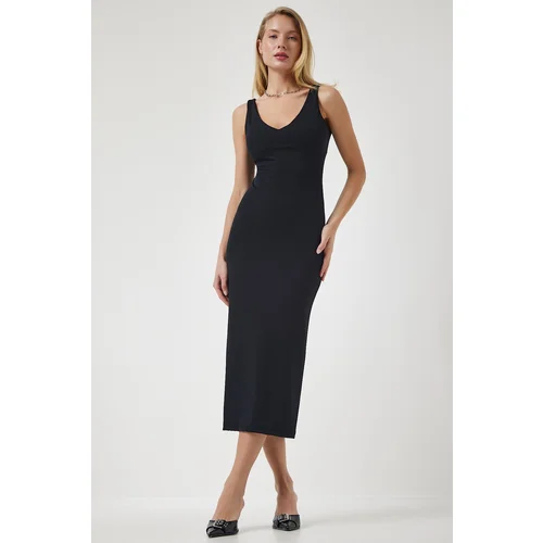  Women's Black Strap V Neck Ribbed Knitted Dress