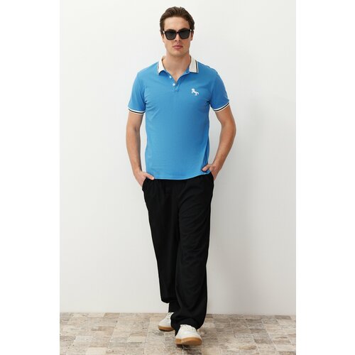 Trendyol Men's Blue Slim/Fit Cut Horse Embroidered 100% Cotton Polo Neck T-Shirt Slike