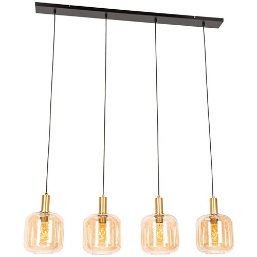 QAZQA Smart hanglamp zwart met messing en amber glas 4-lichts incl. 4 Wifi G95 - Zuzanna Slike