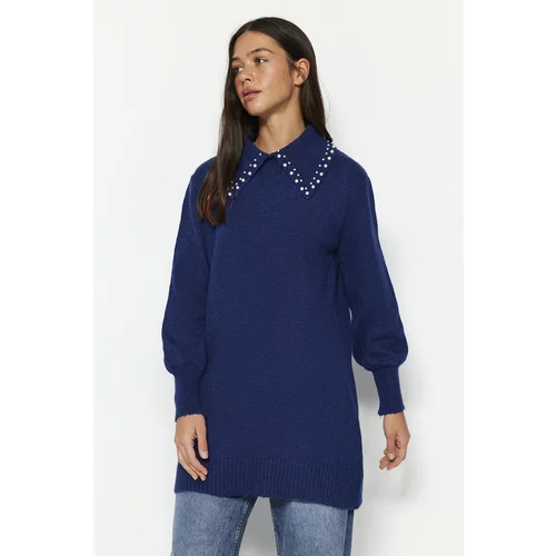 Trendyol Navy Blue Baby Collar and Pearls Soft Knitwear Sweater
