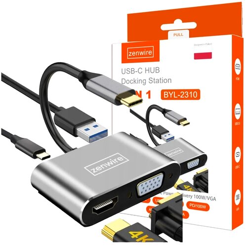 Zenwire USB-C hub adapter 4v1 BYL-2310: HDMI 4K, VGA, USB 3.0, Power Delivery 87W, za MacBook/Windows/Android, (5000193583) Cene
