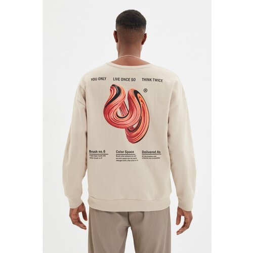 Trendyol Beige Men's Oversize Long Sleeve Crew Neck Printed Sweatshirt Slike
