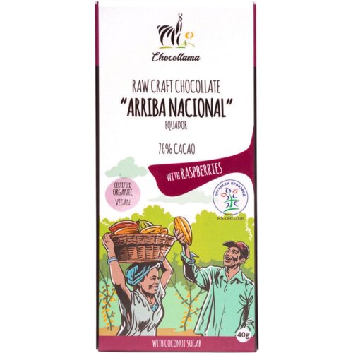  Čokolada CHOCOLLAMA Arriba nacional malina 75% kakao 40g Slike