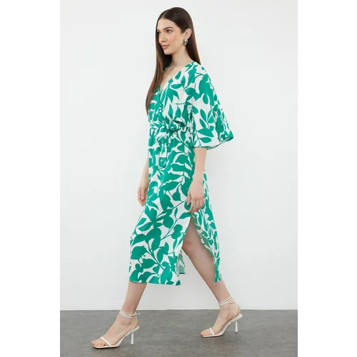 Trendyol Green Belted Floral Patterned A-Line Double Breasted Collar Midi Woven Dress