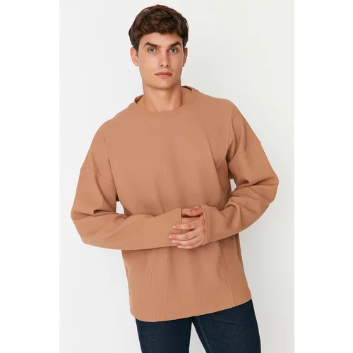 Trendyol Camel Men's Oversize Fit Crew Neck Stitching Detailed T-Shirt