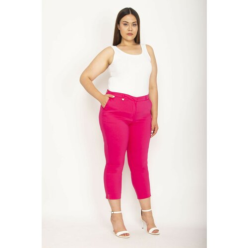 Şans Women's Plus Size Fuchsia Classic Fabric Trousers with Side Pockets and Slit Leg Cene