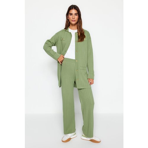 Trendyol Green Ribbed Cardigan-Pants Knitwear Two Piece Set Slike