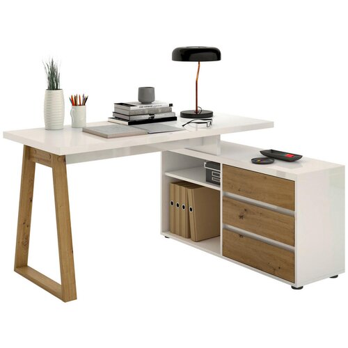 Stylife kotna pisalna miza leseni material bela, hrast artisan Cene