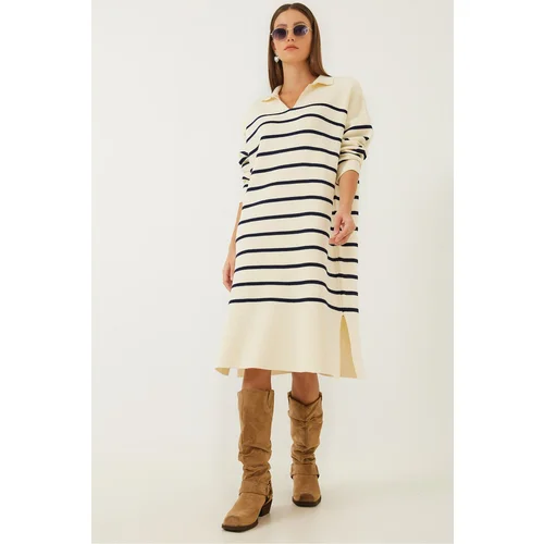 Bianco Lucci Women's V-Neck Striped Knitwear Dress with Side Slits