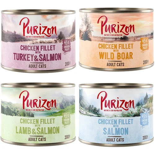 Purizon 22 + 2 gratis! Adult 24 x 200g/400g - brez žit - Miks (8x losos, 8x div. svinja, 4x jagnj. & losos, 4x los.&puran) 24x200g