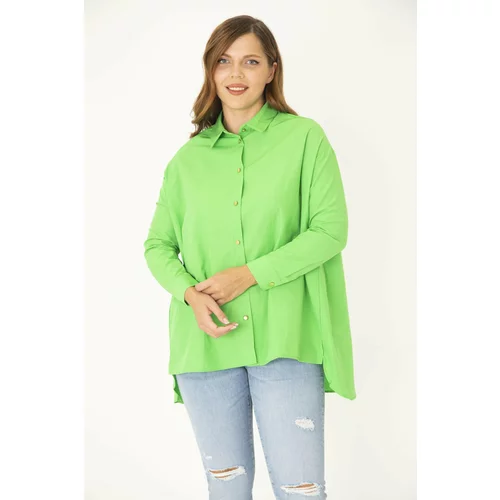 Şans Women's Plus Size Green Front Buttoned Side Slit Shirt