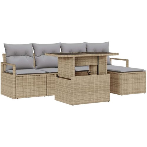  6-dijelni Vrtni Sofa Set s Jastucima Bež Poli Ratan 2-sjedalni Vrtni Sofa s Pohranjivanjem &amp Jastucima Bež Poli Ratan Cene