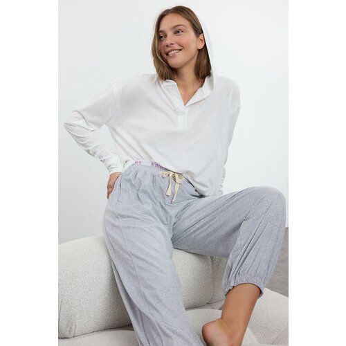 Trendyol White-Grey 100% Cotton Tie and Slogan Elastic Detailed Knitted Pajama Set Slike