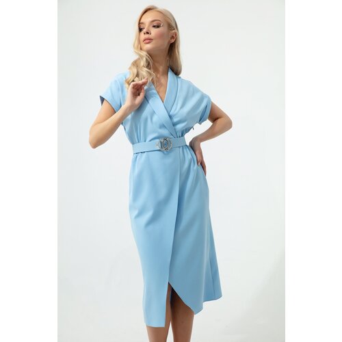 Lafaba Women&amp;#039;s Baby Blue Double Breasted Collar Belted Midi Dress Slike