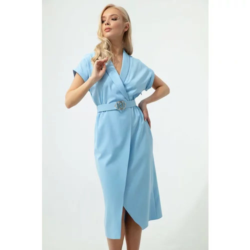 Lafaba Women's Baby Blue Double Breasted Collar Belted Midi Dress