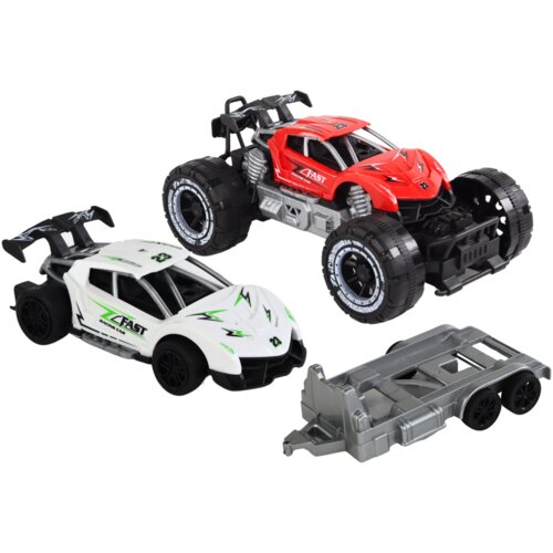  Set vozila za igru - buggy sa sportskim autom na prikolici - crveno/bijeli Slike