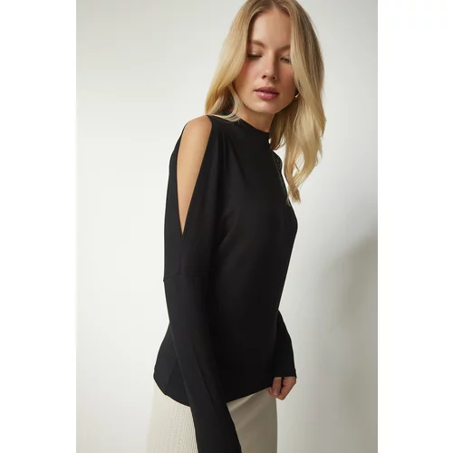 Happiness İstanbul Women's Black High Collar Off-the-Shoulder Knitwear Blouse