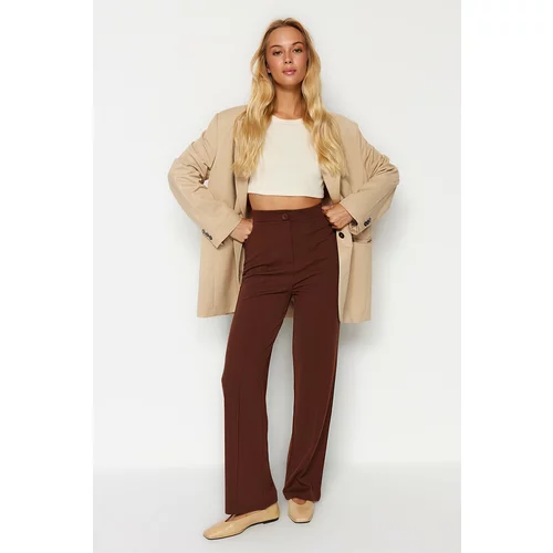 Trendyol Brown Ribbed High Waist Straight Fit Knitted Pants
