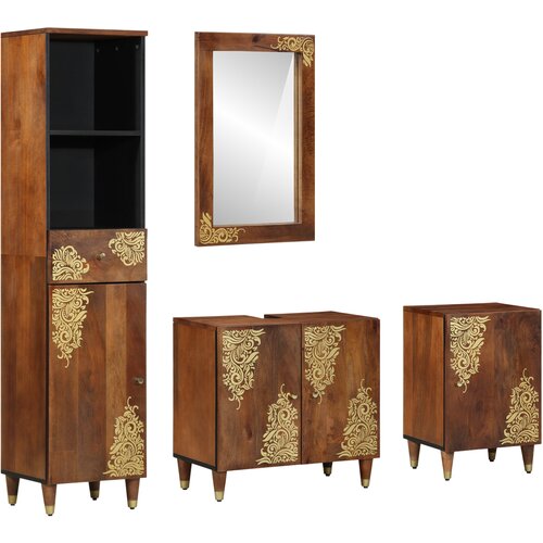 VidaXL set namje&amp;scaron;taja za kupaonicu od 4 komada od čvrstog drveta manga, ormarić za sudoper 62x33x58 cm od čvrstog drveta manga, ogledalo 50x70x3 cm od čvrstog drveta manga, komoda 38x33x160 cm od čvrstog drveta manga, ormarić za kupaonicu 38x33x58 cm od čvrstog drveta manga Slike