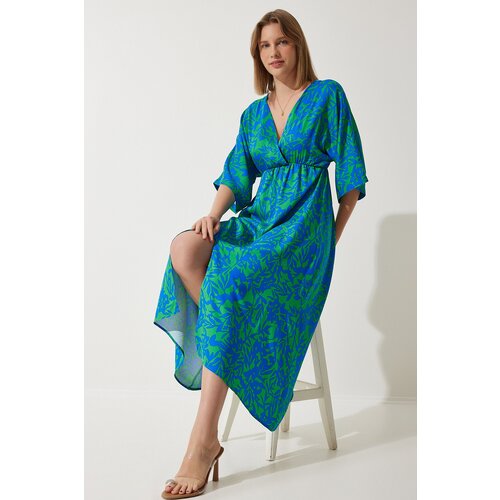  Women's Blue Green Deep V-Neck Summer Long Viscose Dress Cene