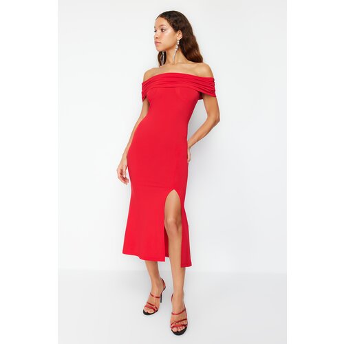 Trendyol red body-sitting knitted elegant evening dress Slike
