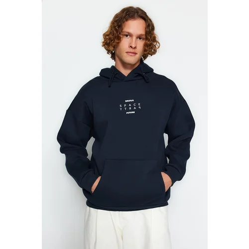 Trendyol Navy Blue Regular Fit Hooded Reflective Text Printed Sweatshirt