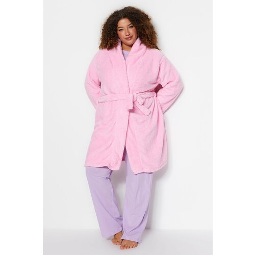 Trendyol Curve Pink Tied Fleece Dressing Gown Slike